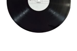 Black vinyl record on a white background